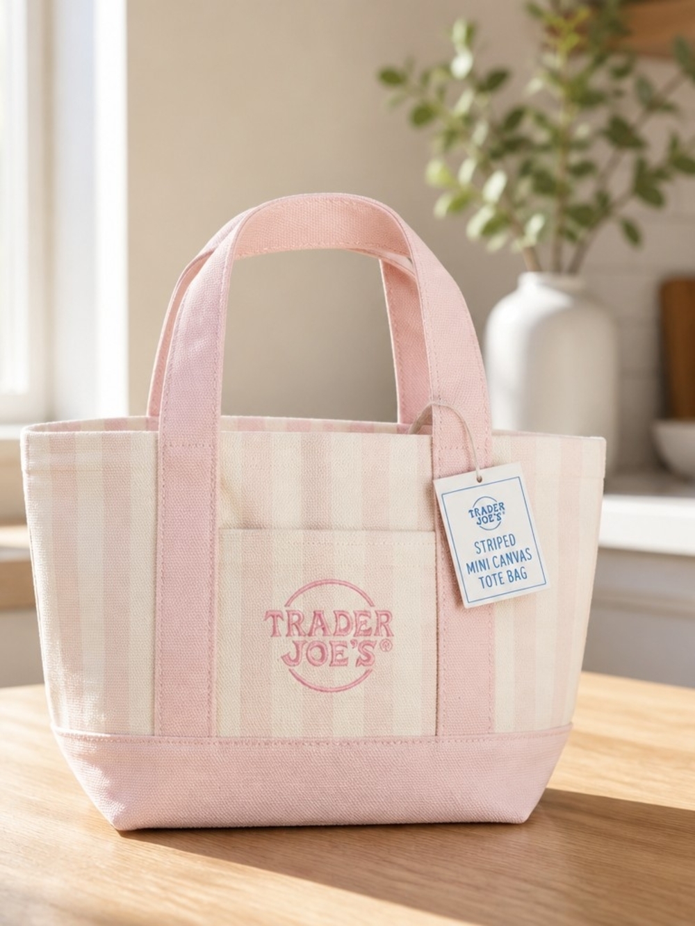 Trader Joes Pink Striped Mini Canvas Tote Bag